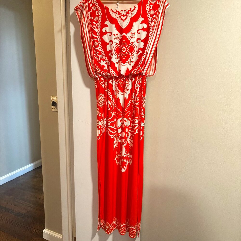 Orange and cream sleevelss boho maxi dress with side splits size Medium
